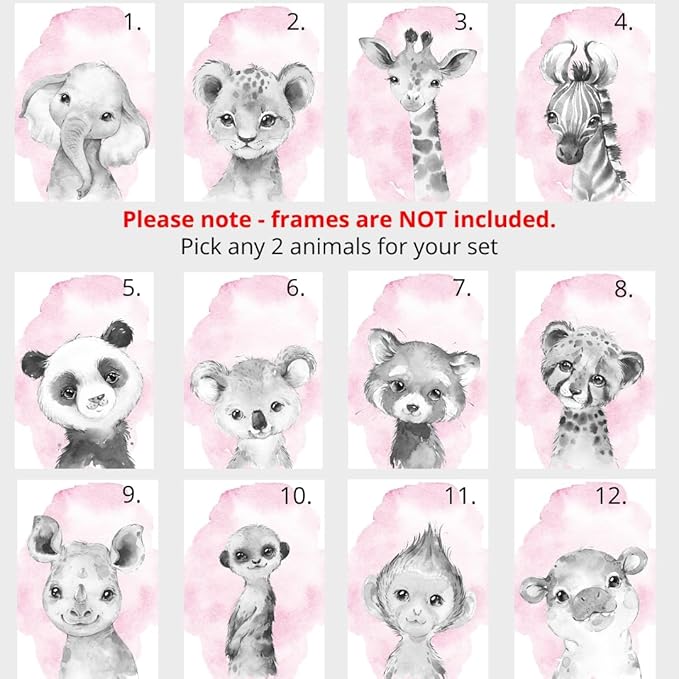 Safari Animals Set of 3 Unframed Poster Prints for Baby Girls Nursery Bedroom Playroom, Personalized Name, Choice of 12 Animals, Pink Purple (9x12)
