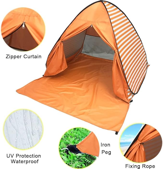 Pop Up Beach Tent Shade Sun Shelter UPF 50+ Canopy Cabana 2-3 Person for Adults Baby Kids Outdoor Activities Camping Fishing Hiking Picnic Touring (Orange Stripes)