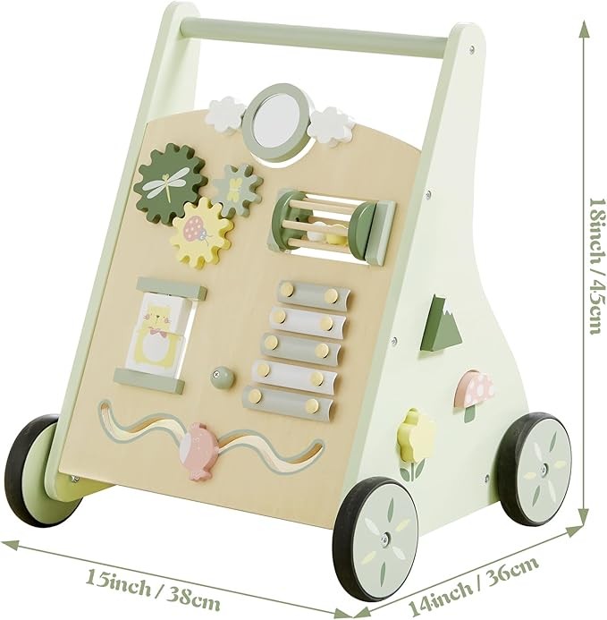 Beright Wooden Baby Walker Push and Pull Learning Activity Walker Kids’ Activity Toy Multiple Activities Center Develops Motor Skills & Stimulates Creativity(Green)