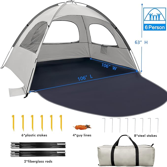 WhiteFang Beach Tent Anti-UV Portable Sun Shade Shelter for 3/4/6/8 Person, Extendable Floor with 3 Ventilating Mesh Windows Plus Carrying Bag, Stakes and Guy Lines