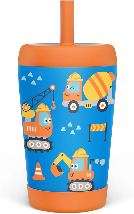 Kid Insulated Stainless Steel Tumbler with Silicone Straw, 12oz Sippy Cup for Kids (Construction Trucks)