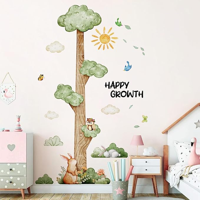 3D Cartoon Height Growth Chart for Kids Wall Stickers Removable DIY Jungle Animals and Plants Height Sticker Peel and Stick Sun White Clouds Wall Art Decor for Nursery Kids Bedroom Living Room