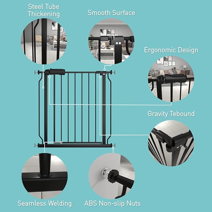 WAOWAO Baby Gate 43.31-48.03" Extra Wide Pressure Mounted Walk Through Swing Auto Close Safety Black Metal Toddler Kids Child Dog Pet Puppy for Stairs,Doorways,Kitchen