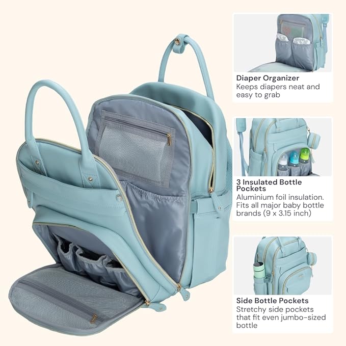 BabbleRoo Leather Diaper Bag Backpack - Baby Essentials Travel Baby Bag, Multi function, Waterproof, with Changing Pad, Stroller Straps & Pacifier Case – Unisex, Powder Blue
