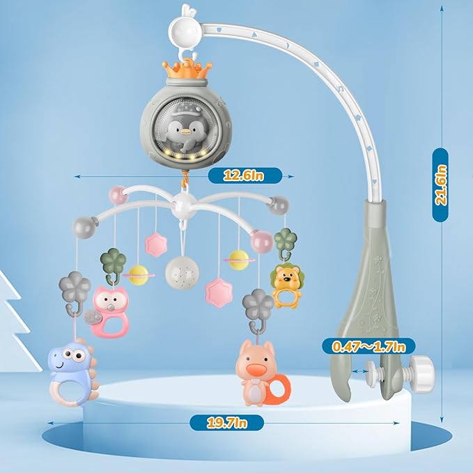Crib Mobile with Music and Lights, Mobiles for Cribs, Baby Nursery Space Portable Infant Arm Hanger for Girls Boys Babies Bassinets Pack and Play Clip On Attachment, Toys Musical Hanging