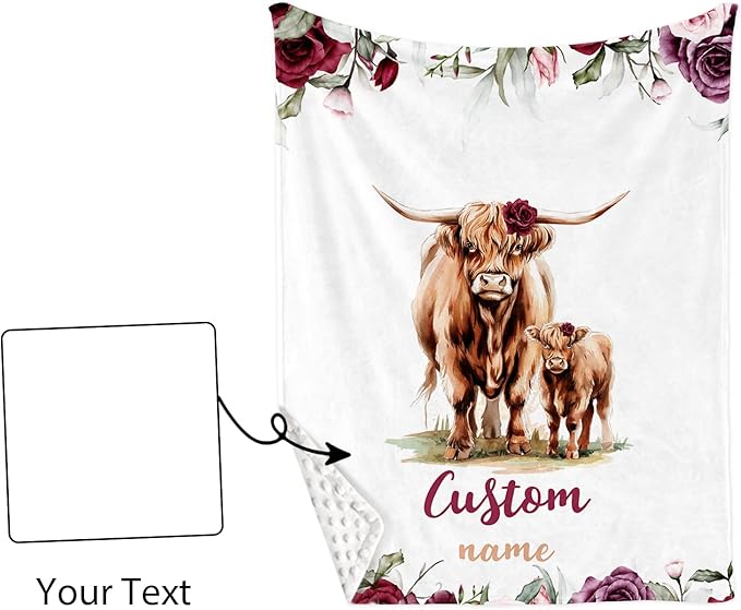 Custom Nursery Crib Bedding Set: Personalized Name 4 Piece Rose Highland Cow Design Baby Crib Sets for Girls - Toddler Double Layer Blanket Set, Comfortable Crib Bed Sheets for Baby Toddlers