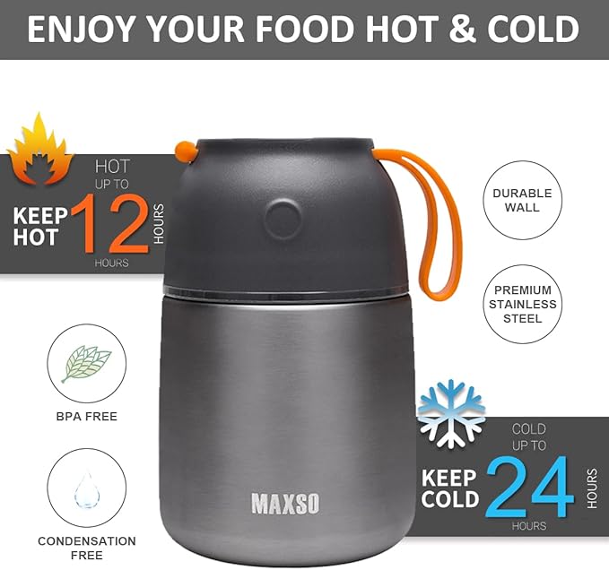 Insulated Thermo Food Jar for Hot & Cold Food for Kids Adult, 17 oz Soup Thermal Hot Food Containers for Lunch, Triple Layer Insulation Stainless Steel Food Jar with Spoon (Grey)