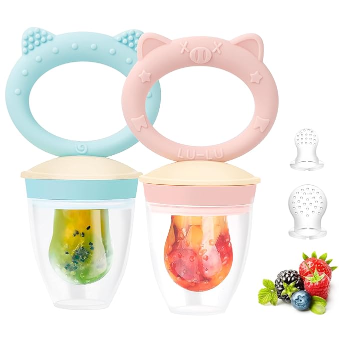 Baby Solids/Frozen Fruit Feeder Pacifier, Infant Teether Toy 4M+, BPA-Free Silicone Pouch & Nipple, Safely Introduce Solids, Teething Relief, 2-Pack (Pig Lulu - Blue Pink, S/M/L)