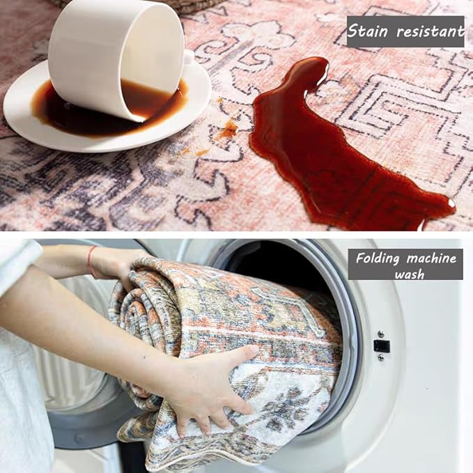 5x7 Washable Area Rug Vintage Brown Traditional Floor Cover Foldable Thin Rug Kitchen Accent Rug Indoor Distressed Non Slip Carpet Floral Print Mat Bedroom Living Room Bathroom