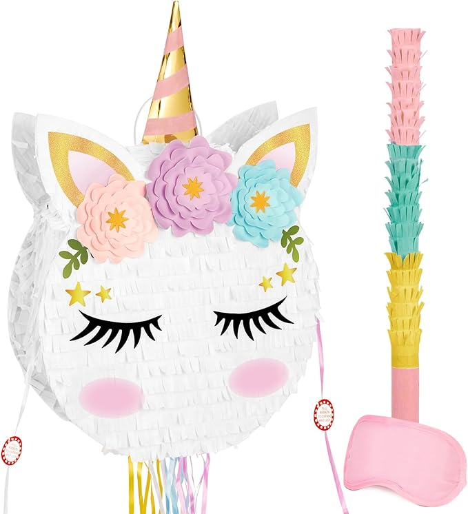 Foldable Unicorn Piñata - Unicorn Birthday Party Supplies Extendable Piñata with Blindfold Bat and Tassels Unicorn Birthday Party Decoration Games Folding Pink Unicorn Piñatas for Kids Classroom Game