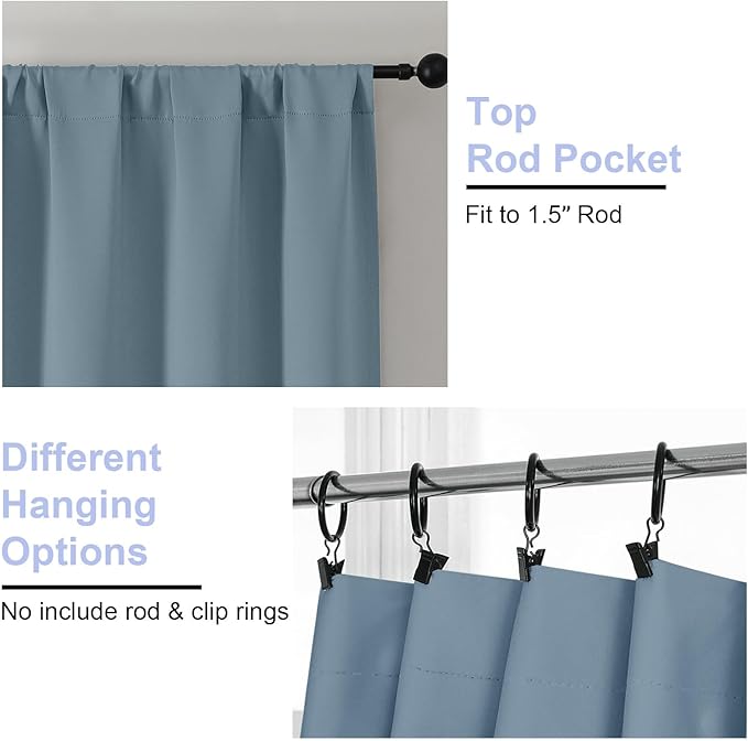 Simplebrand Ava Stone Blue Blackout Curtains for Bedroom 90 Inches Long 2 Panels Set, Solid Privacy Energy Saving Living Room Window Treatment Curtains Blackout Drapes, W50 x L90 Inch, Stone Blue