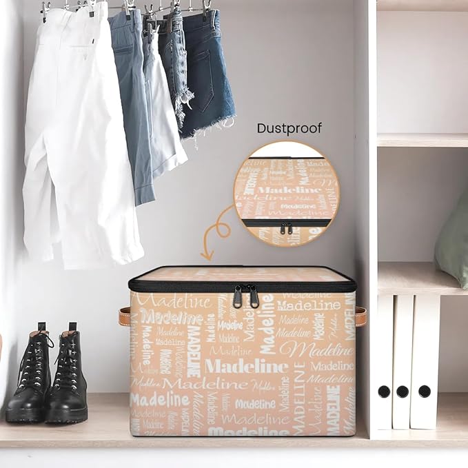 Custom Storage Basket with Name, Personalized Storage Bins with Zipper Lid, Foldable Fabric Storage Box Large capacity with Handle Apricot