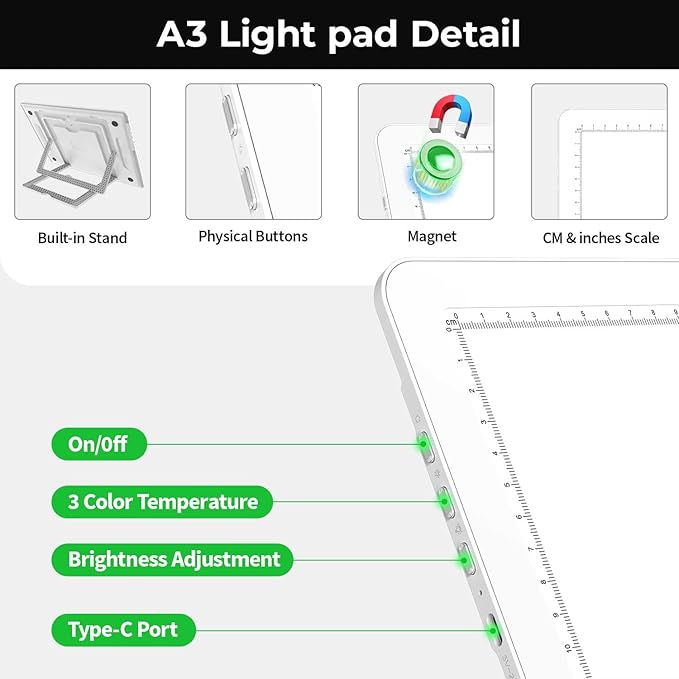 Zocelight Rechargeable A3 Light Board with Built-in Stand & Bag,Super Bright Magnetic Light Box for Tracing,Wireless Light Pad for Diamond Painting,Side Buttons,LED Light Table for Drawing(White)