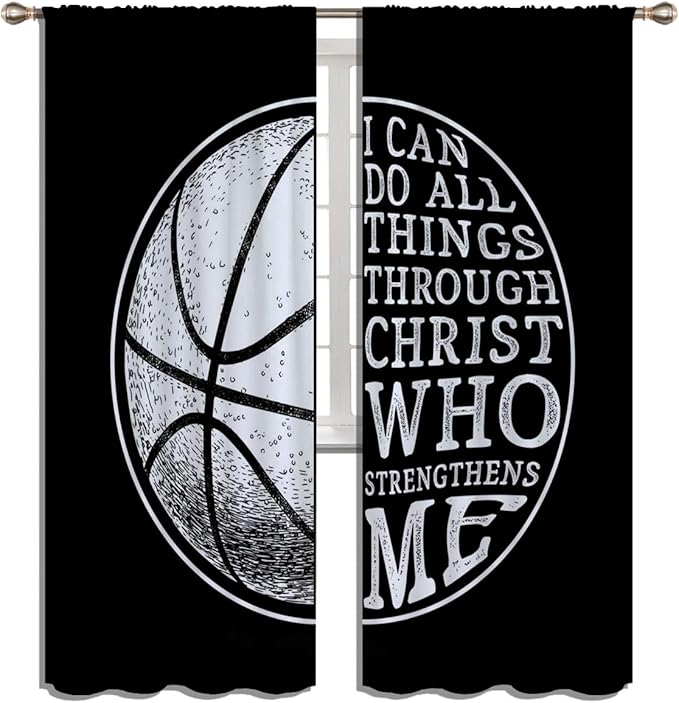 Basketball Blackout Curtains for Boy Girl Room Darkening Decor,Sport Theme and White Motto Dark Background Bedroom Living Room Home Rod Pocket Thermal Insulated Window Curtain/Drapes Panel,84x72 Inch…
