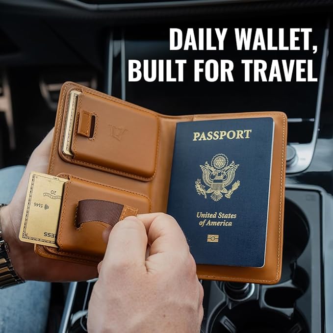 Kings Loot Passport Holder Wallet | RFID Blocking Leather Travel Wallet with Built-in Airtag Holder | Holds 1-6 Cards & Passport | Easy Pull Tab | Travel Wallets (Cognac)