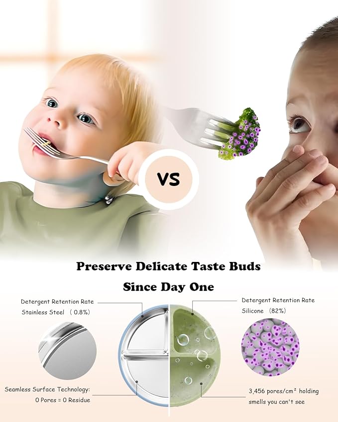 Stainless Steel Toddler Suction Plate with Lid, Deepened 9" Divided Plates with Removable Silicone Sleeves for Kids, Non Toxic Unbreakable Snack Dishes Set of 4, Sage Blue Gray Navy