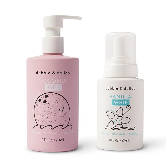 Dabble & Dollop Coconut + Vanilla Body Wash & Shampoo – 3-in-1 Natural Bubble Bath for Kids, Made in USA, No Parabens or Sulfates, Vegan, Gluten-Free, Tear-Free (2-Pack)