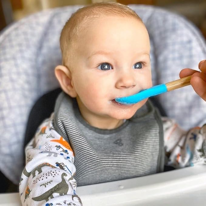 Avanchy Bamboo & Silicone Infant Training Spoons, BPA Free - Soft Tip, Easy on Gums, First Stage Feeding Utensils for Baby-Led Weaning, Self-Feeding, Pink