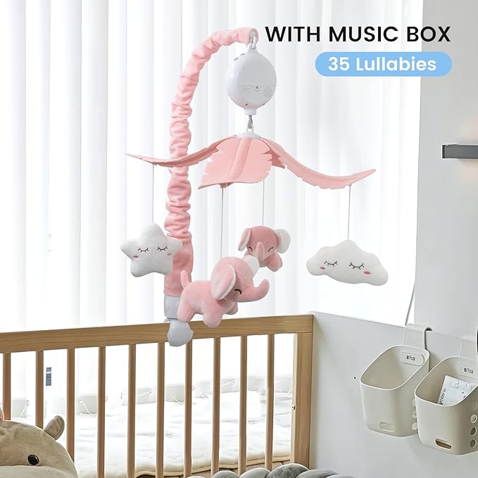 FEISIKE Crib Mobile for Girls Baby Mobiles with 3 Modes Digital Music Box（Turn Only, Music Only, Turn & Music, 35 Lullabies, Pink Elephant Nursery Mobile, Clamp Type, Pretty Box Packaging