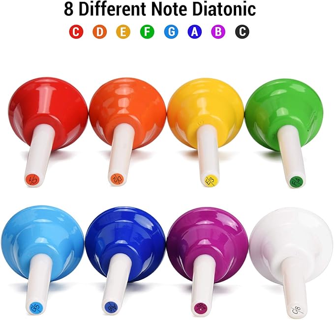 Facmogu 8 Pack Handbells Set, Colorful 8 Note Diatonic Metal Music Bells, Percussion Instrument Bells, Musical Handbells Set for Festival Musical Teaching Church Chorus Wedding Family Birthday Party