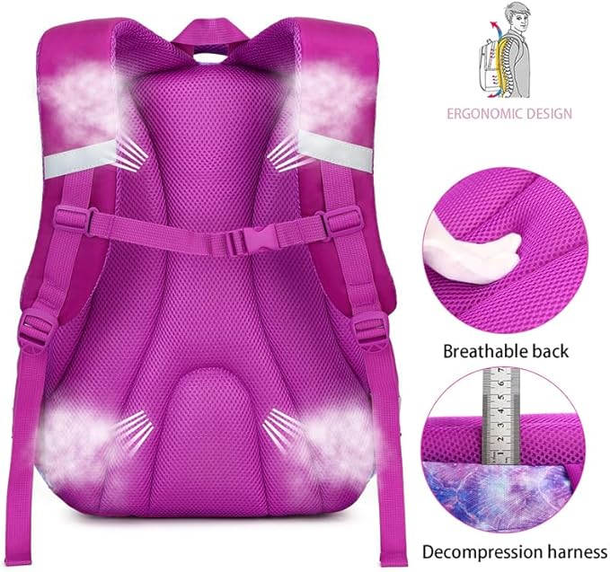 Cusangel Purple Mermaid 3pcs Set with Lunch Box Pencil Case,Multi Compartment Backpack, Dinosaur Backpack Chest Strap Side Pockets 16 Inch