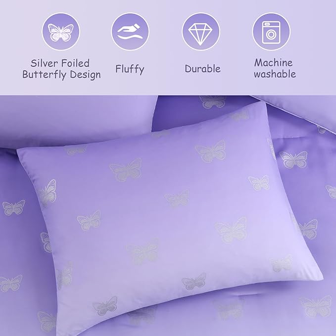 Twin Comforter Set with Sheets for Girls-5 Pieces Twin Bedding Sets with Purple Comforter, Sheets, Pillowcase & Sham for Kids (Purple Butterfly, 66" X 86")