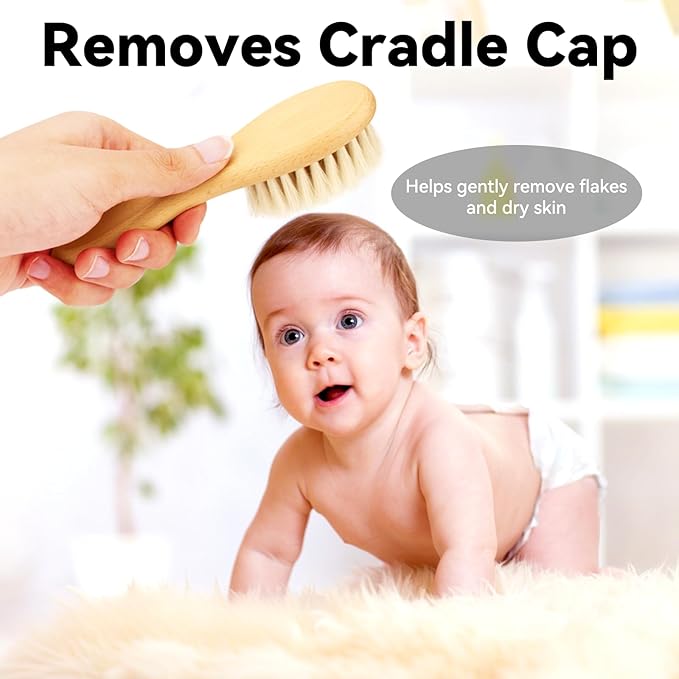 Goat Baby Hair Brush Set, 2pcs Wooden Soft Bristles Brush with Comb and Green Silicone Bath Brush for Newborns Toddlers Safe Natural Hair Care Kit