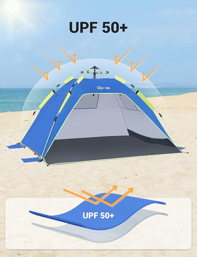 Glymnis Pop Up Beach Tent Sun Shade Shelter for 3-4 Person with UPF 50+, Lightweight & Easy Setup, Vent Windows & Zippered Door, Extended Floor Family Instant Beach Tent
