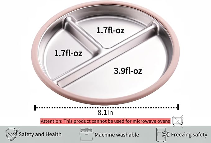 3Pack Stainless Steel Kids Plates, 8.1" Divided Toddler Plates with Removable Silicone Suction Sleeves for Baby Highchairs, Non Toxic BPA Free Non-Slip Unbreakable Snack Lunch Plate