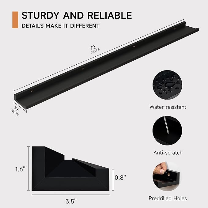 Floating Picture Ledge Shelves for Wall Set of 2, 72 Inches Picture Ledge Shelf with Long Large Nursery Book Shelf for Toys Storage Kids Bookshelf Wall Mounted Living Room Bedroom Decor Frames, Black