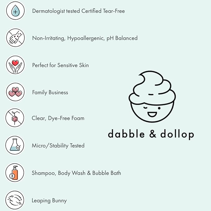 Dabble & Dollop Blueberry + Vanilla Body Wash & Shampoo – 3-in-1 Natural Bubble Bath for Kids, Made in USA, No Parabens or Sulfates, Vegan, Gluten-Free, Tear-Free (2-Pack)