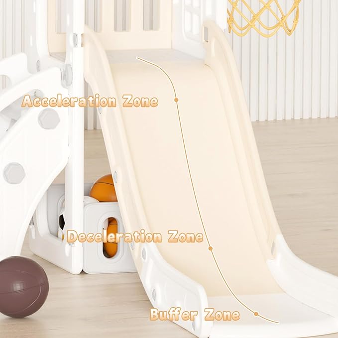 XJD 5 in 1 Toddler Slide, Kids Slide for Toddlers Age 1-3, Outdoor Indoor Playset for Toddlers with Basketball Hoop and Ball, Storage Space and Non-Slip Steps Telescope (Beige)