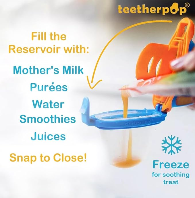 Teetherpop Fillable Silicone Teether for Babies (4-Pack) – Breastmilk Popsicle Molds for Teething w/Spill-Proof Sippy Slits – Freezable Baby Teethers for Liquids & Purées (PinkLemon/LimonTeal/Fucshia)