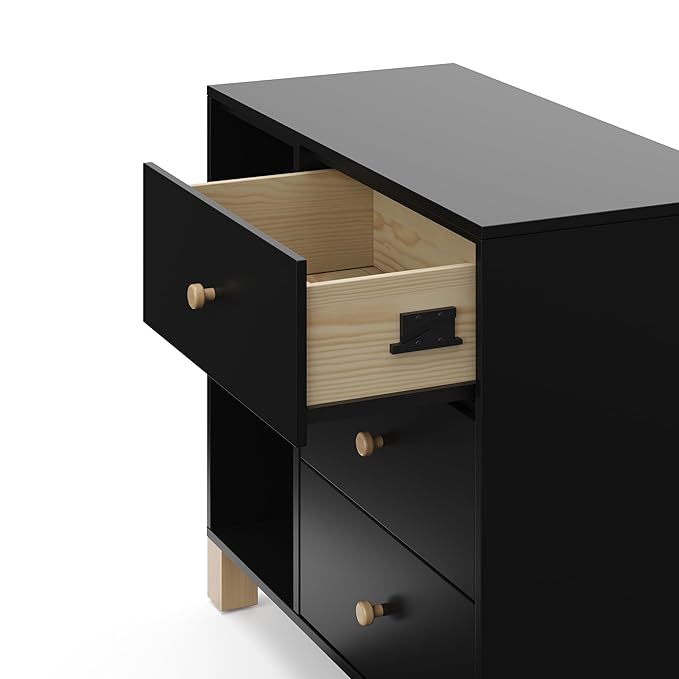 Storkcraft California 3 Drawer Combo Dresser (Black with Driftwood) – GREENGUARD Gold Certified, Interlocking Drawer System, Pre-Installed Drawer Tracks for Easier Assembly, Spacious Cabinet