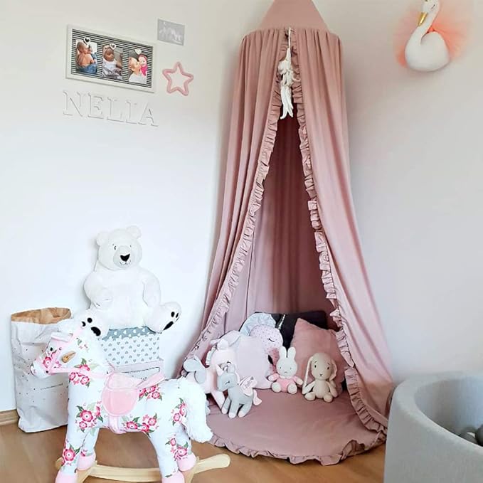 Bed Canopy with Frills Reading Nook Game Tent for Kids Boho Hanging Net Play Room Decor(Dusty Rose)