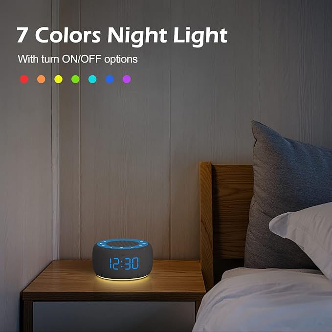 Buffbee Sound Machine & Alarm Clock 2-in-1, 0-100% Clock Face Brightness, Bottom Colored Light, Sleep Timer, Precise 30-Level Volume Control White Noise Machines