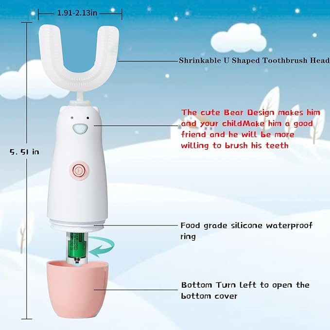 Kids Electric Toothbrush，U Shaped Toothbrush Waterproof Battery Powered 360 Automatic Sonic Toddler Toothbrushes for 8-13 Years Old for Boys Girls,with 2 Replacement Brush Heads（Pink）