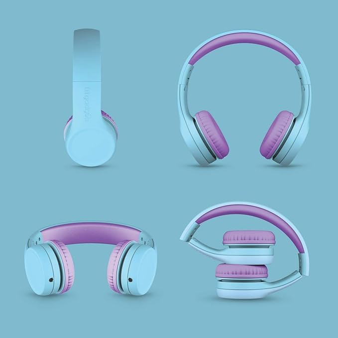LilGadgets Connect+ Wired Kids Headphones for School with Mic, Volume Limited & Noise Reduction, On-Ear Headset with Cord, SharePort Technology for Multiple Kids & SoftTouch Padding, Blue/Purple