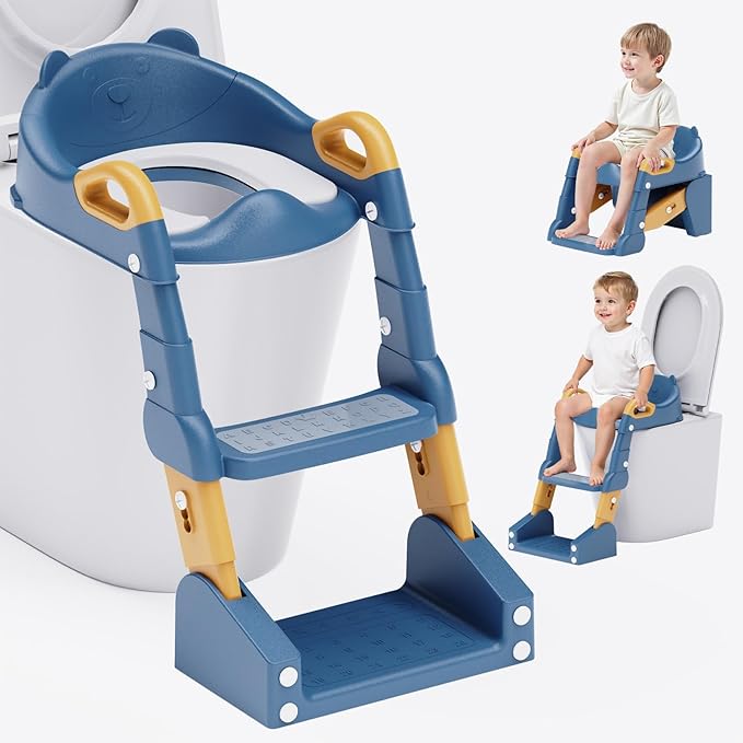 Potty Training Seat, 3-in-1 Toddler Toilet Seat with Step Stool Ladder, Splash Guard Anti-Slip Pad, Foldable Potty Chair with Soft Cushion for Toddler Kids Boys Girls