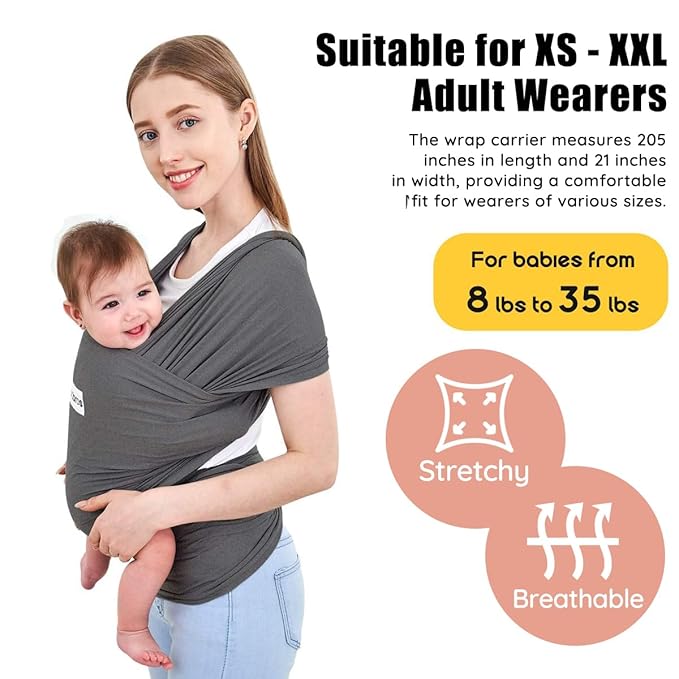 Acrabros Baby Wrap Carrier,Hands Free Baby Carrier Sling,Lightweight,Breathable,Softness,Perfect for Newborn Infants and Babies Shower Gift,Heather Grey