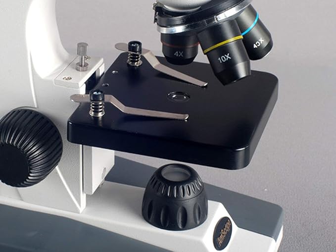 AmScope M148 Compound Monocular Microscope, WF10x Eyepiece, 40x-400x Magnification, LED Illumination, Brightfield, Single-Lens Condenser, Plain Stage, 110V or Battery-Powered, White