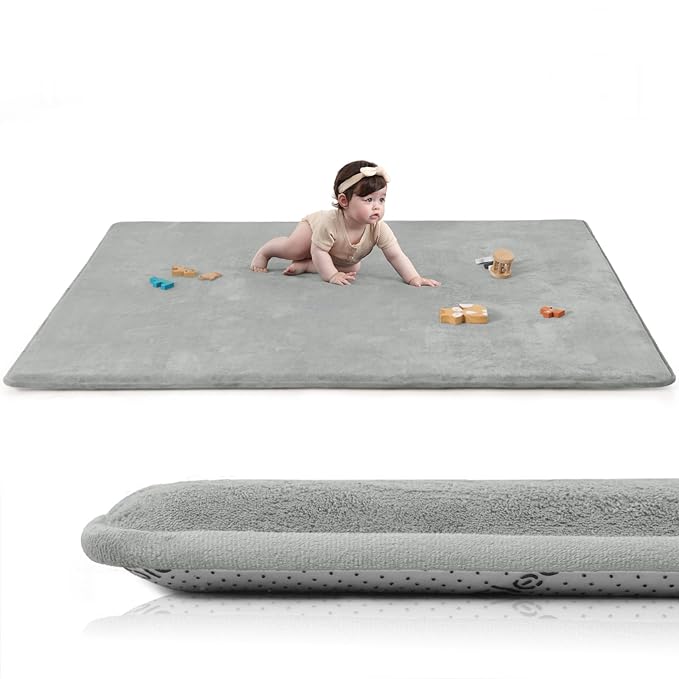 Baby Play Mat for Floor,Extra Large 79"×118" Tummy Time Mat,Thicker Memory Foam Mat for Toddler,Infant,Kids,Water Repellent Ultra Soft Coral Velvet,Non-Slip Backing Safe for Crawling(Light Grey)