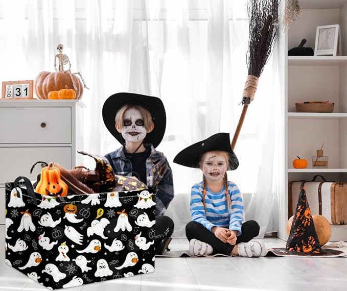 HIYAGON Rectangular Halloween Basket for Boys and Girls Kids Trick or Treat Pumpkin Basket for Halloween Parties Cute Storage Bin Organizer Box Room Decor(Black ghost)