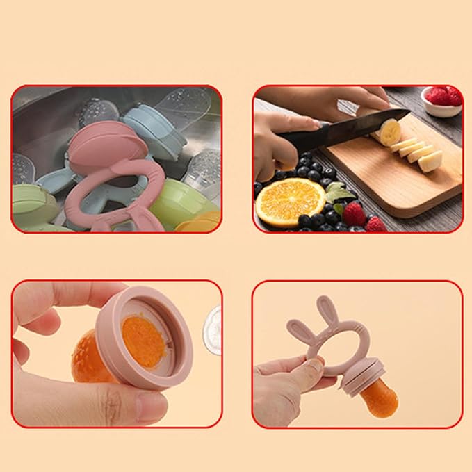 Baby Solids/Frozen Fruit Feeder Pacifier, Infant Teether Toy 4M+, BPA-Free Silicone Pouch & Nipple, Safely Introduce Solids, Teething Relief, 2-Pack (Rabbit - Pink Purple, S/M/L)