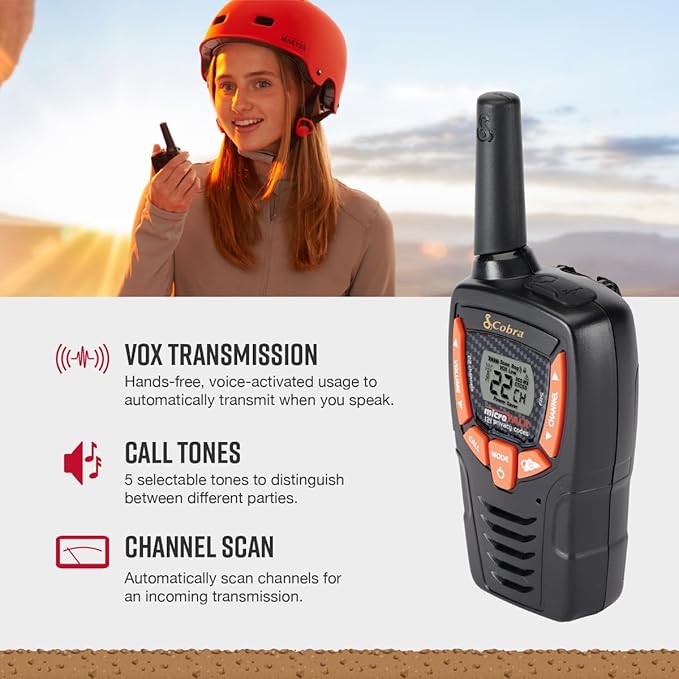 Cobra ACXT345 Weather-Resistant Walkie Talkies & Compatible Cobra Surveillance Headset - Rechargeable, 22 Channels, Long-Range, 2 Two-Way Radios, 2 Headsets, Black/Orange