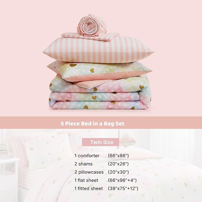 Twin Comforter Set with Sheets for Girls-5 Pieces Twin Bedding Sets with Pink Comforter, Sheets, Pillowcase & Sham for Kids (Colorful Gold Heart, 66" X 86")