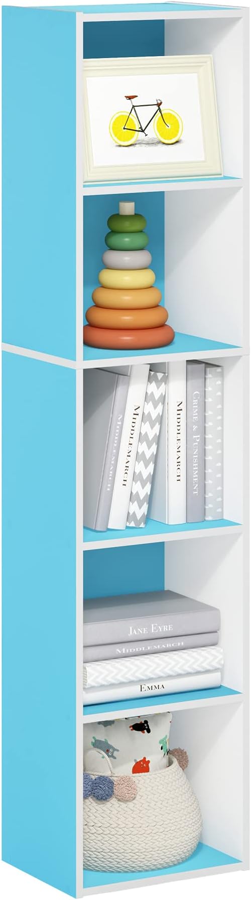 Furinno Luder Bookcase / Book / Storage, 5-Tier Cube, Light Blue/White