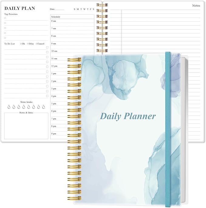 Daily Planner Undated - B5 To Do List Notebook Hourly Schedules, Spiral Appointment Planner for Women and Men, PVC Hardcover, Inner Pocket, Elastic Closure, 7" x 10", Blue Watercolor