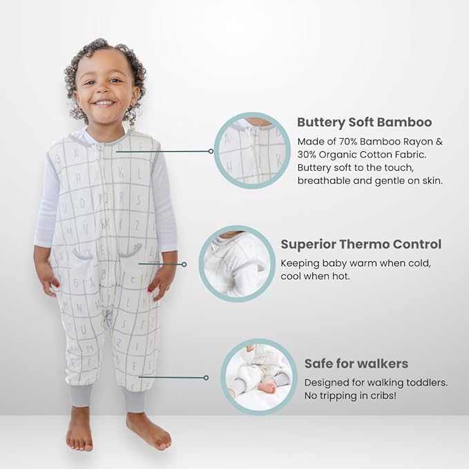 Tealbee DREAMSUIT: Toddler Sleep Sack with Feet 3T 4T - 1.2 TOG Four Season Baby Wearable Blanket for Walkers - Rayon made from Bamboo, Organic Cotton Sleeping Bag - Alphabet