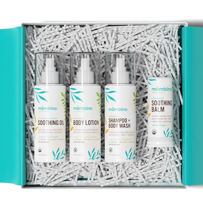 Mambino Organics Baby Arrival Essential Care Gift Set - Organic Baby Care Kit - Vegan & Cruelty-Free 4pc Set - Shampoo, Lotion, Soothing Oil & Balm - Ideal Organic Baby Gift Set for New Moms